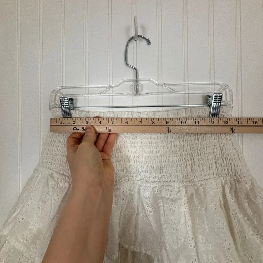 Eyelet Ruffle Mini Skirt SMALL White Cotton Smocked Boho Cottagecore Milkmaid